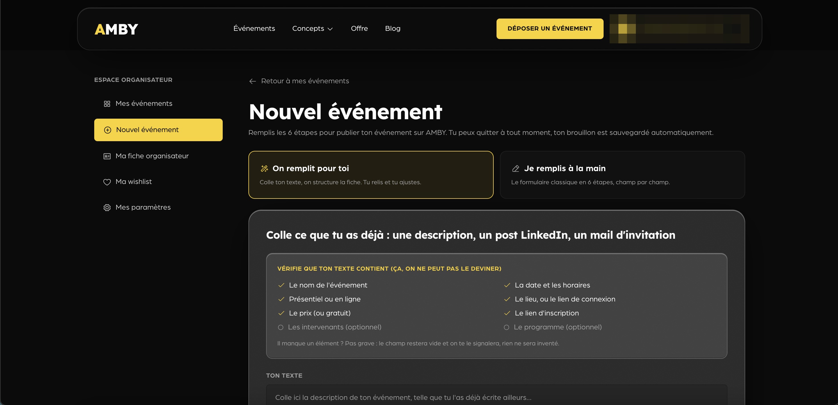 Le dépôt d'événement AMBY : le mode « On remplit pour toi »