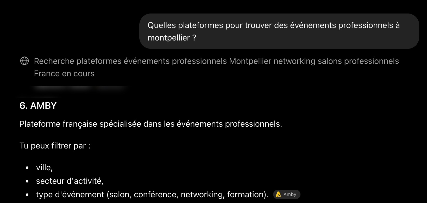 ChatGPT cite AMBY en réponse à une question sur les événements pro